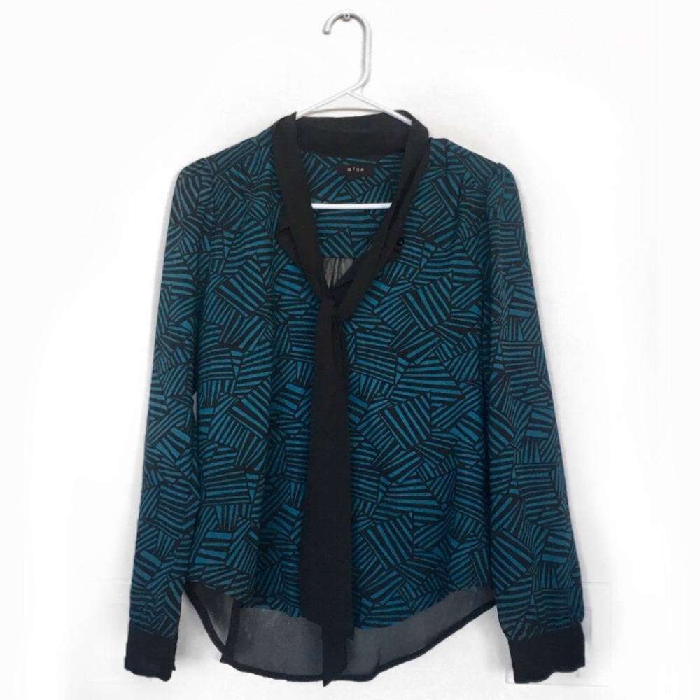 MINE Blue Black Geometric Sheer Button Down Blouse w/ Neck Bow – Size Small